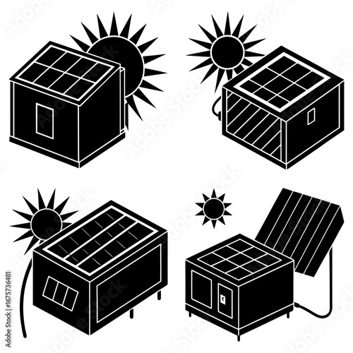 Isometric view of four solar powered generators with suns in the background in black and white style