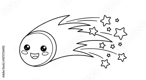 Happy smiling meteor with stars and tail with transparent background