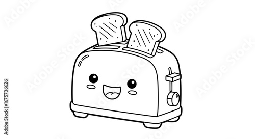 Kawaii toaster with happy face and bread slices with transparent background