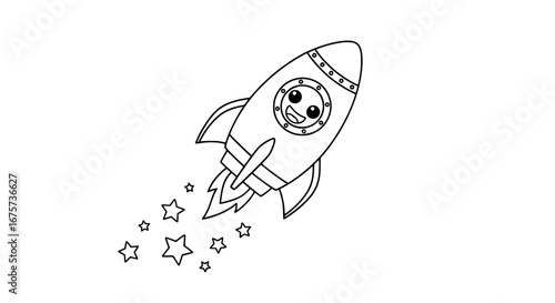 Rocket ship with stars and trails on transparent background