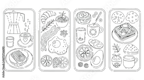 Line Art Depictions of Four Breakfasts with Coffee and Pastries food meal