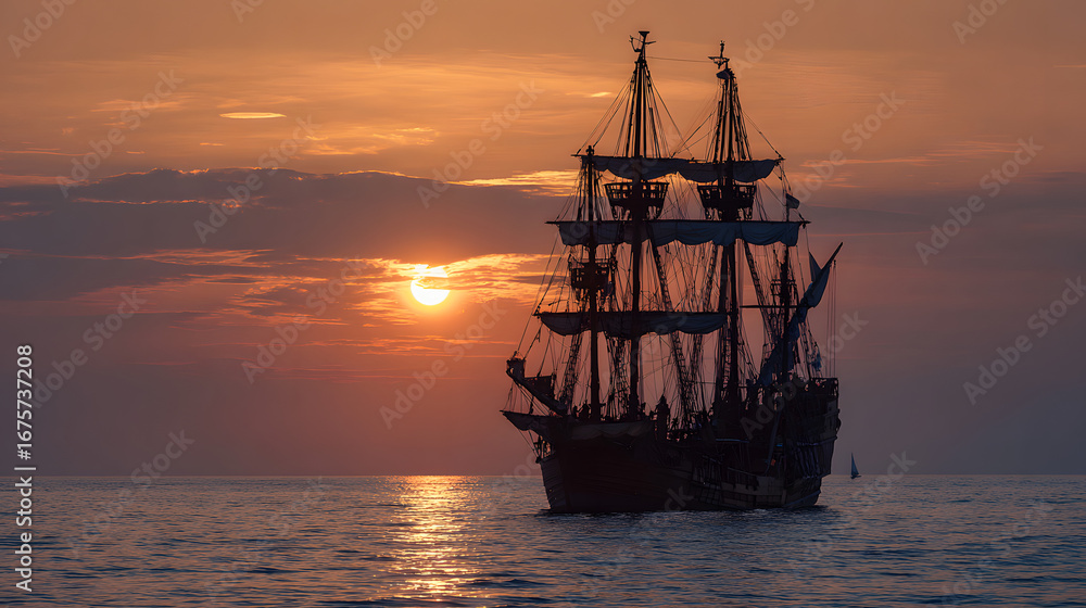 Fototapeta premium old ship in sea sunset