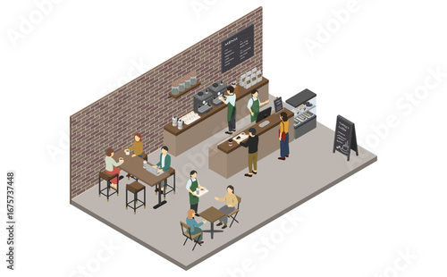 アイソメトリックイラスト：カフェ店内