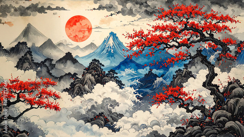 A breathtaking Japanese landscape rendered in traditional ink wash, featuring vibrant red-leafed trees, majestic mountains resembling Mount Fuji, soft clouds, and a prominent red sun. This serene yet 