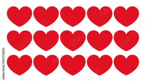 Fifteen red hearts arranged in three rows on a white background