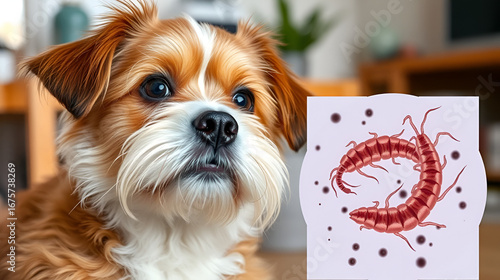 Cute dog and illustration of helminths under microscope at home. Parasites in animal