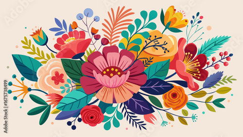 Vibrant colorful floral arrangement with leaves and berries