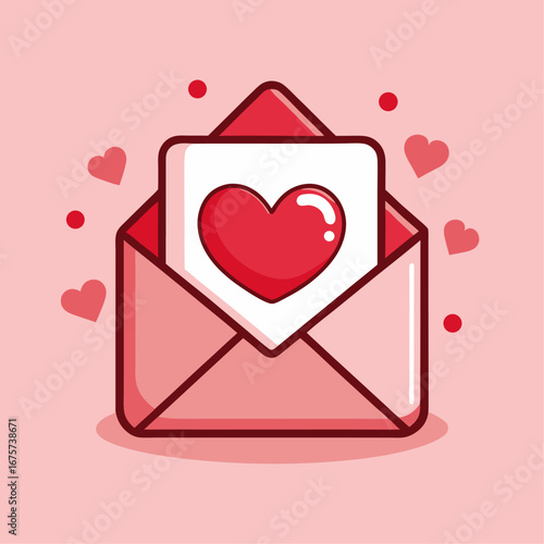 Open envelope with a red heart and floating hearts