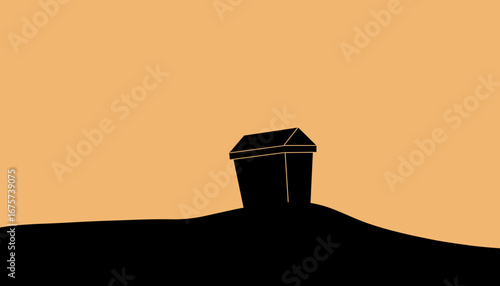 Silhouette of a coffin on a hill during sunset for thematic design