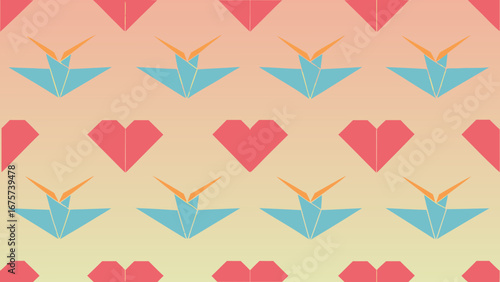 Colorful pattern of hearts and origami cranes on gradient background  