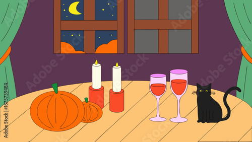 Autumn evening scene with pumpkins, candles, wine, and a black cat  