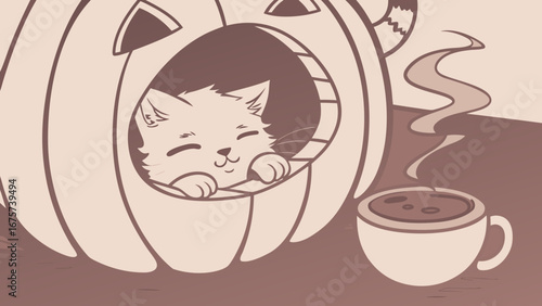 Cute cat resting inside a pumpkin with coffee cup nearby  