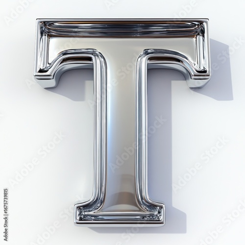 Shiny metallic capital letter T with reflective surface casting soft shadows on a white background