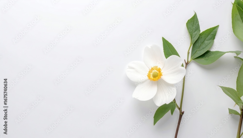 Obraz premium a single white flower with a yellow center and green leaves on a soft, light backdrop