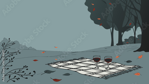 Autumn picnic setting with wine glasses on a patterned blanket  