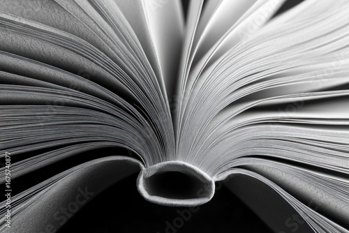 Close-up of the curved spine and fanned open pages of a black and white book showing texture and depth