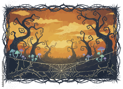 Halloween vector banner with eerie trees and mushrooms  