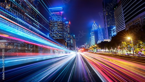 speeding through a city at night capturing the essence of motion urban life and transportation in a dynamic and colorful light trail display