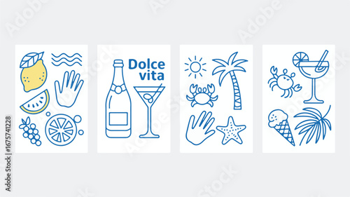 Summer Vacation Icons With Lemon Champagne and Tropical Drinks holiday beach