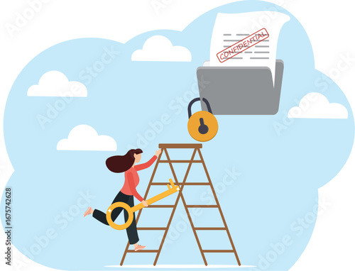 Confidential document, privacy protection or secret secured lock, safety or security to archive file or document, accessibility control concept, businessman lock document file folder with padlock.