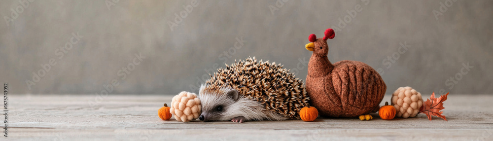 Obraz premium Hedgehog autumn pumpkin harvest cozy rustic cute holiday thanksgiving pet scene with hedgehog and turkey toy on wood, warm mood and gentle charm