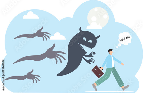 Fear, anxiety or panic attack, afraid of mistake, scared or nightmare suffering, depression or dread, worry or trouble causing distraught concept, fearful businessman afraid of evil monster shadow.
