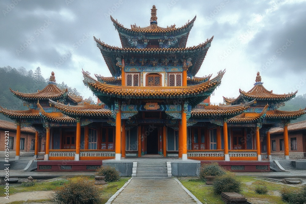 Naklejka premium Traditional ornate Asian temple with intricate multi-tiered roof and vibrant colors under cloudy sky surrounded by greenery
