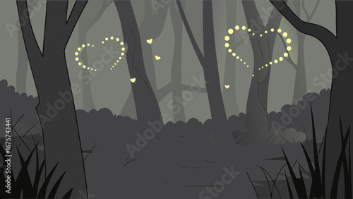 Mysterious forest scene with glowing hearts and dark trees  