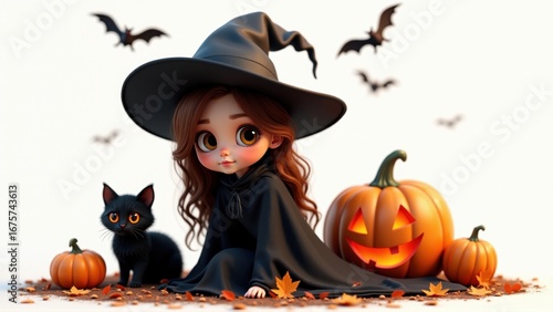 Cute Halloween Witch Girl with Pumpkins and Black Cat