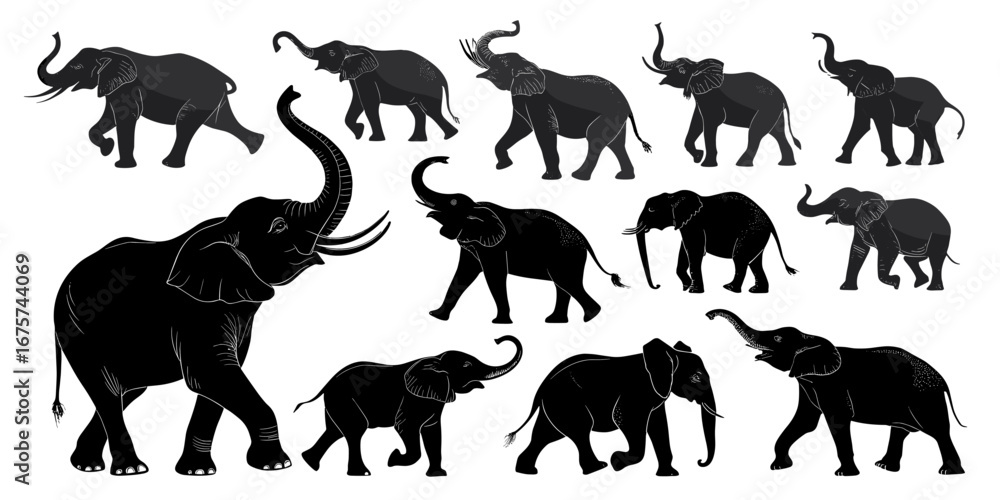 Naklejka premium Multiple black elephant silhouette in different poses and actions