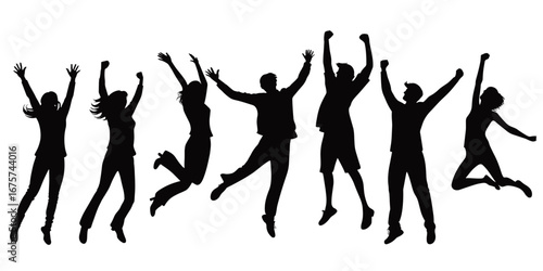 Silhouette of joyous people jumping in the air
