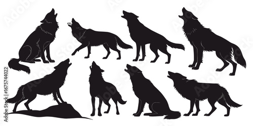 A collection of wolf silhouettes, each howling at the sky