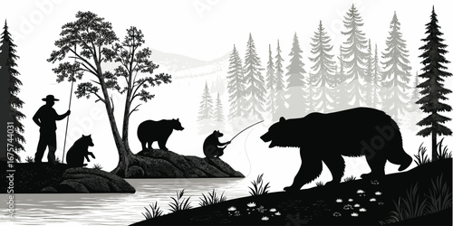 An illustration of a man fishing and bears in their natural habitat, the overall feel is tranquil and peaceful 