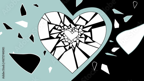 Shattered heart illustration in contrasting black and turquoise colors  