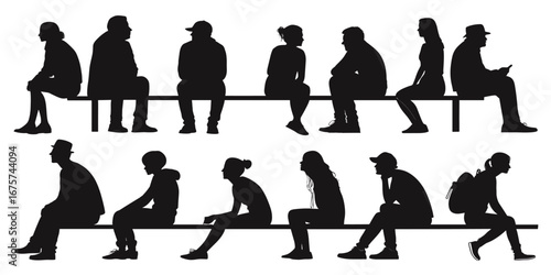 A group of people sit peacefully on a long bench. The diverse individuals create a sense of community. The contrasting shades of black create a visually appealing image