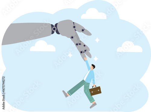 Working together with AI Artificial Intelligence, human cooperate with machine or robot, AI help or support coworker, assistance or partnership concept, businessman hand high five with robot hand.