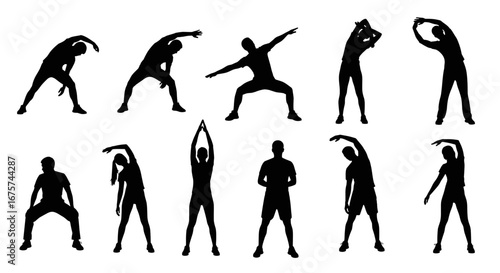 A collection of fitness silhouettes displaying a variety of stretching exercises