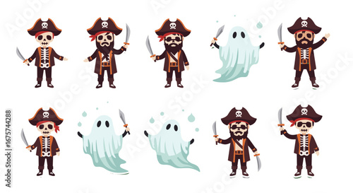 A collection of various pirate and ghost cartoon illustration with diverse expressions. They appear ready for adventure, complete with hats, swords and distinct looks. halloween theme