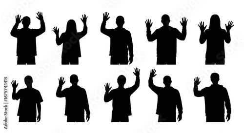 A group of silhouettes with their hands raised in the air. A collective action in which multiple individuals show their hands