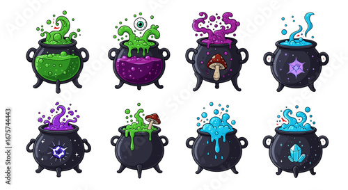 Collection of mystical cauldrons, each brimming with bubbling potions and magical ingredients. A visual treat for Halloween or fantasy themes. 