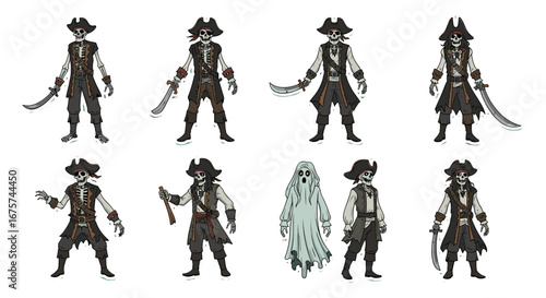A collection of illustrations showcasing pirate figures and a ghost with various poses. halloween theme