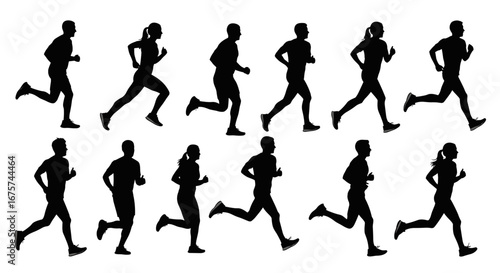 Silhouette of a running people shows movement, motion, and action in a dynamic display