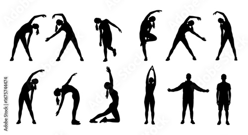 A set of silhouettes depicting various exercise poses and stretches, promoting health and wellness. The black figures are set against a clear background, showing a range of dynamic movements.