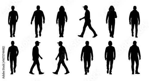 Silhouettes of people in various walking poses, creating dynamic and engaging visuals. Each silhouette is in the midst of motion, inviting the viewer to imagine their journey.