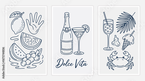 Trio of Summer Refreshment Illustrations with Fruits and Drinks cocktails champagne