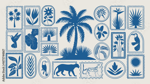 Tropical Stamp Collection Featuring Palm Trees Birds and Felines in Blue Silhouette vector