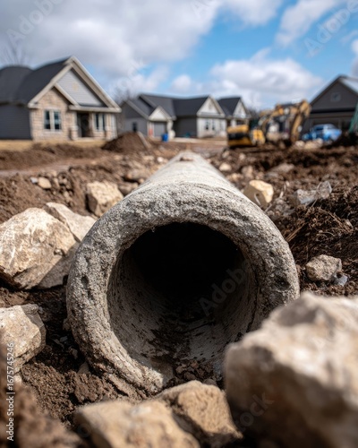 Gray Concrete Drain Pipe In Residential Construction Site