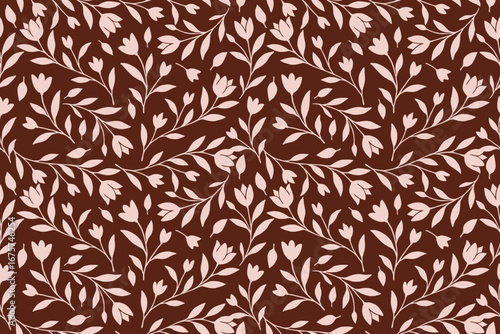 Elegant seamless floral pattern with soft pink leaves and blossoms on a rich brown background, perfect for fabric, wallpaper, and digital design.