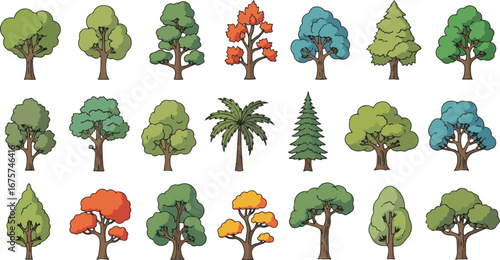 Create a kinds of deferent tree vector art color with white background.