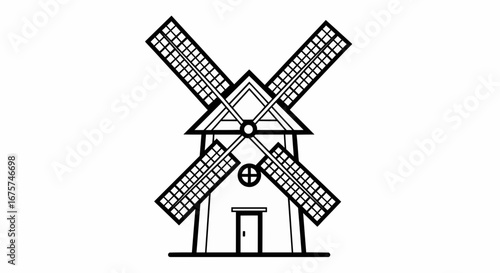 Classic windmill building simple line art vector illustration icon